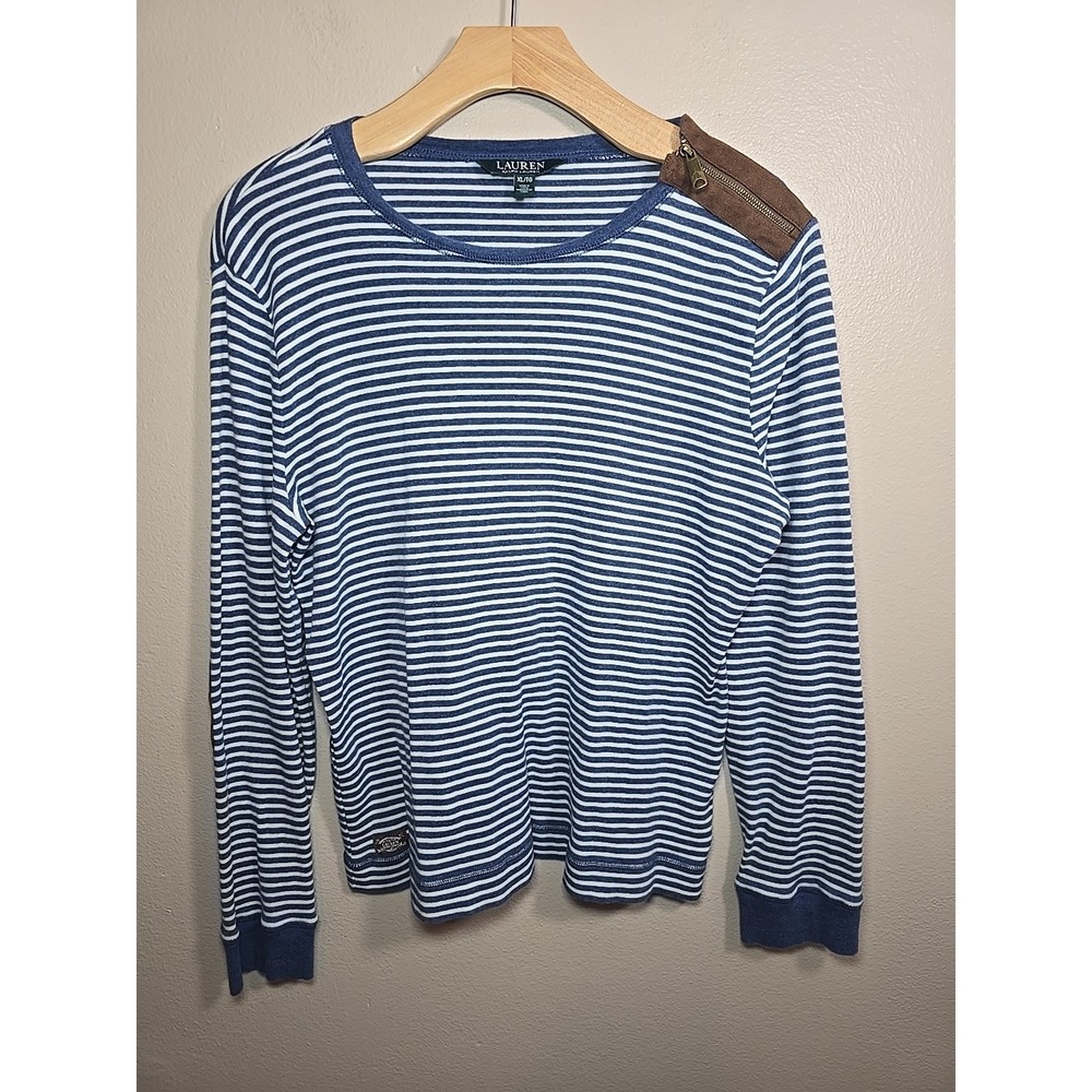 Lauren Ralph Lauren Womens Long Sleeve Tee w/ Zip Shoulder & Elbow Patches Sz XL